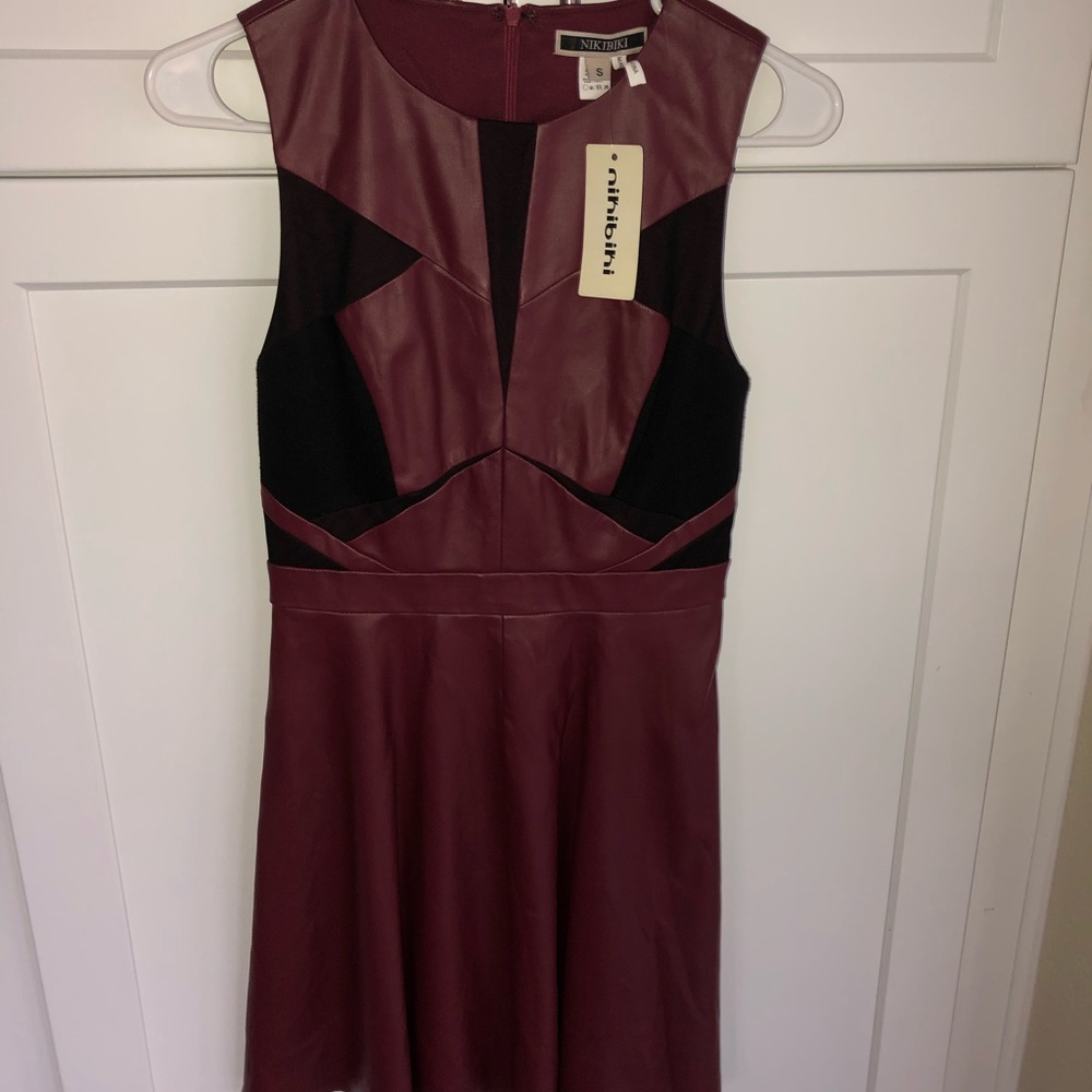 NWT NIKIBIKI  black faux red leather mini dress S